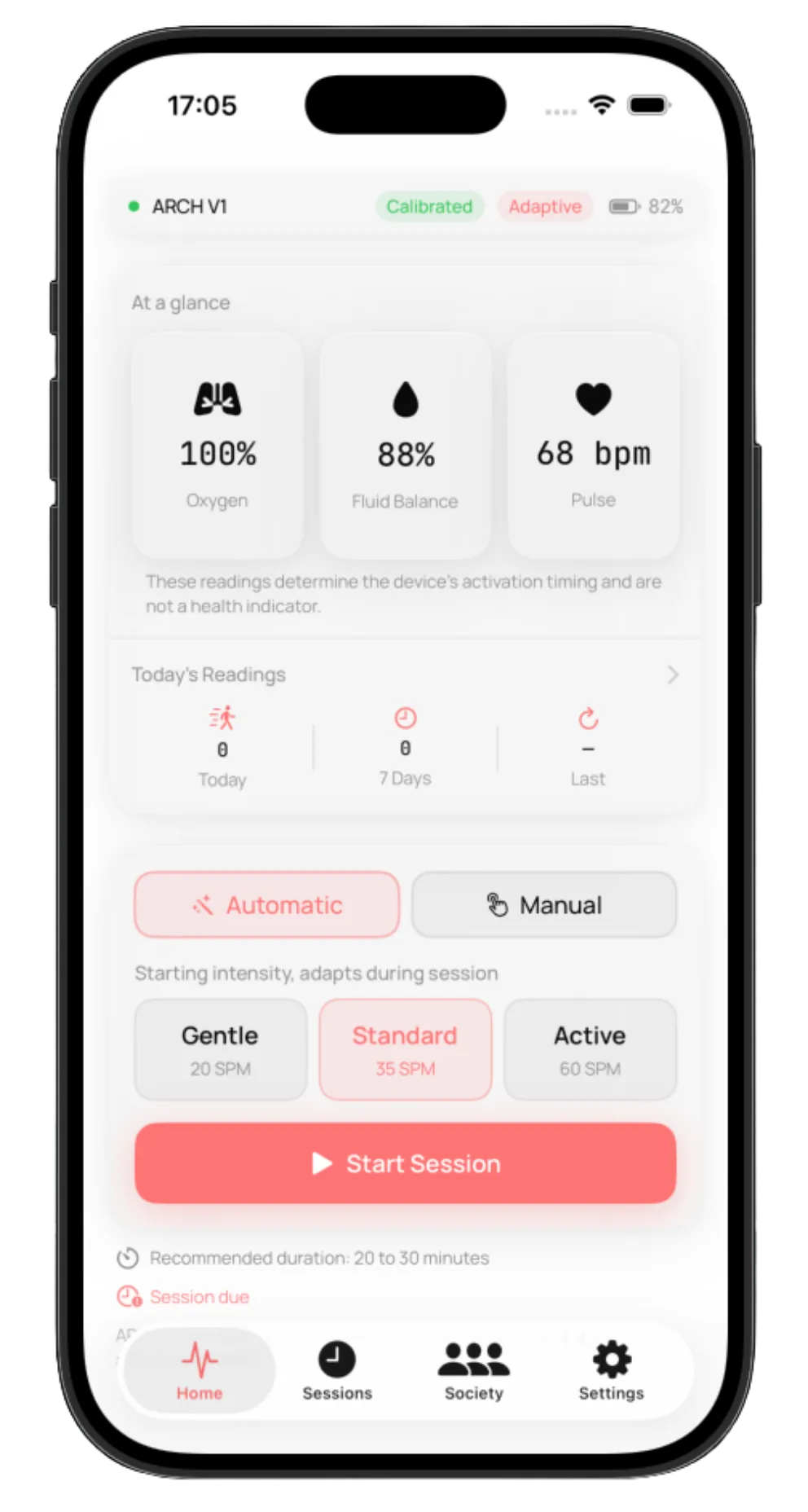 Home screen: sensor summary, readings, mode and intensity selection